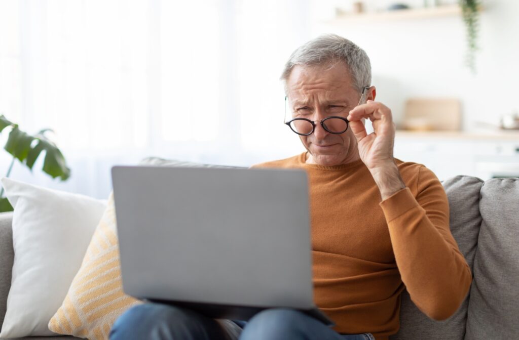 An older adult lowers their glasses while trying to see their laptop screen clearly.