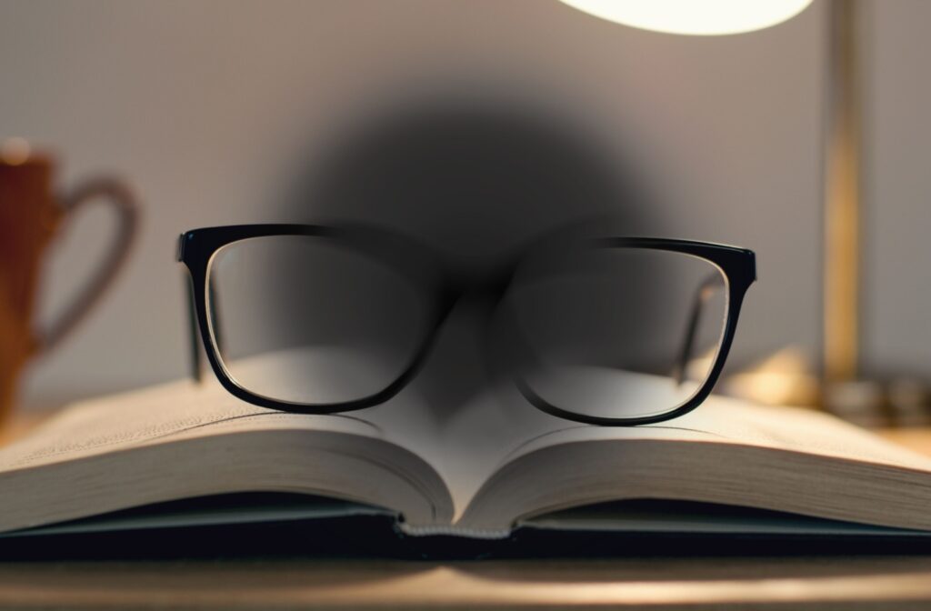 An image of glasses sitting on a book with a dark circle in the centre of the view caused by AMD.