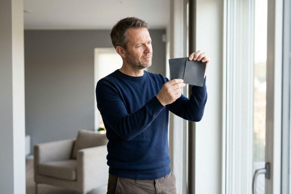 Adult holding a small grey fabric swatch up to natural light near a large window indoors, examining it with a focused expression.