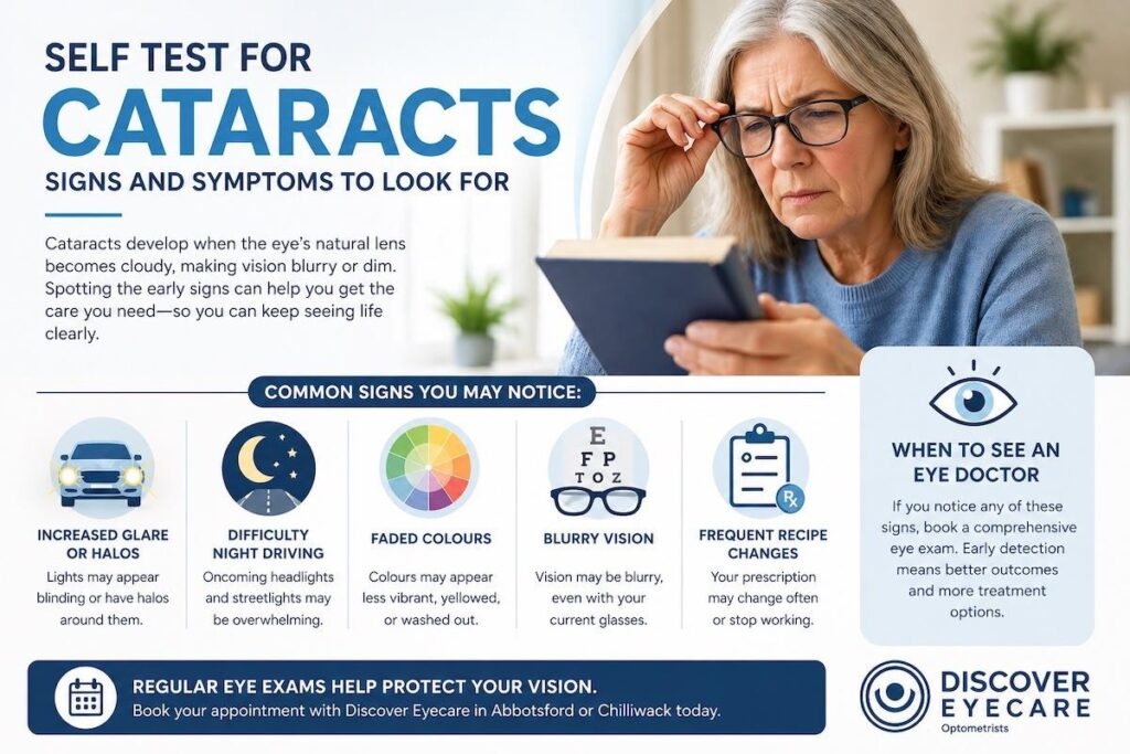Infographic showing common signs of cataracts you may notice.
