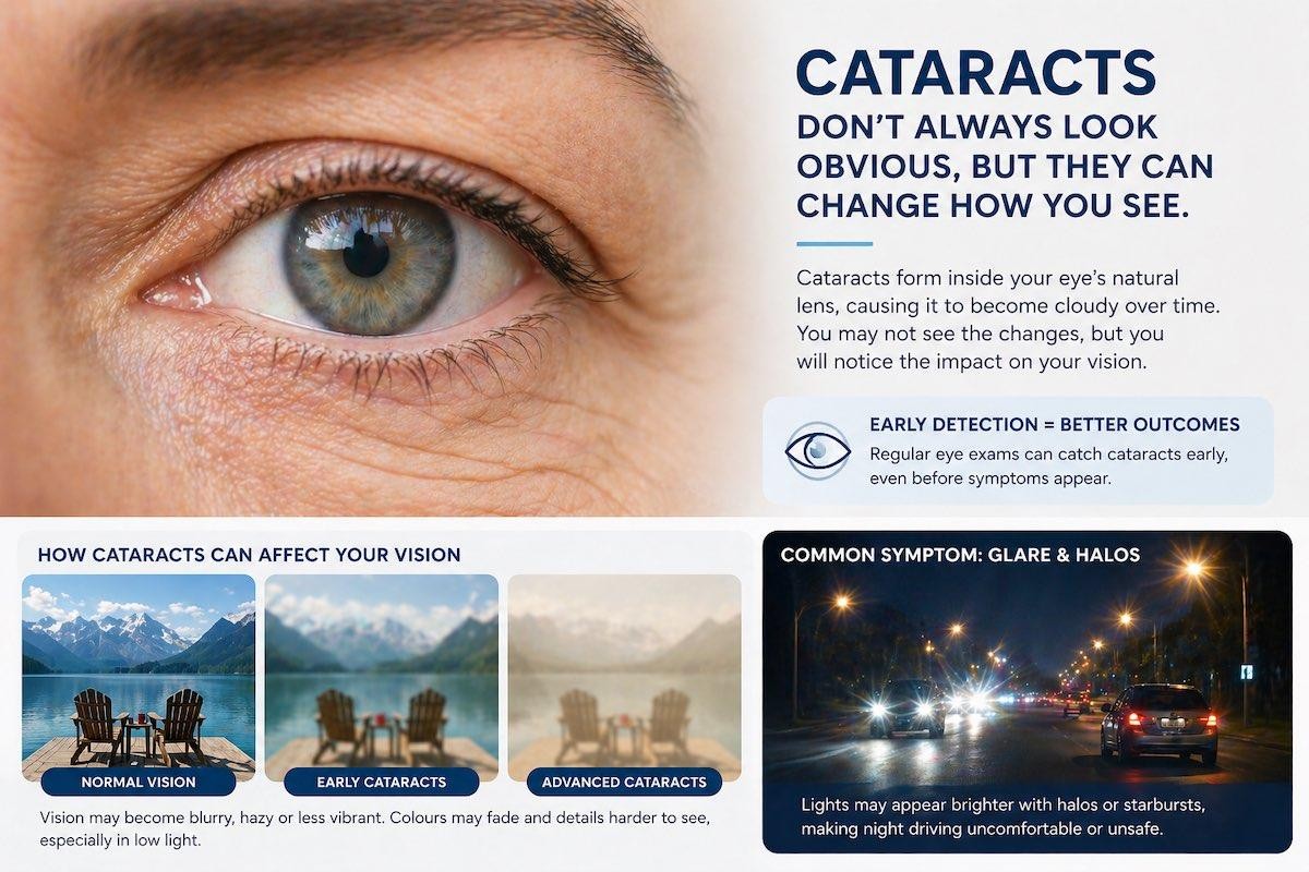 Infographic showing how cataracts affect vision over time including a close up o