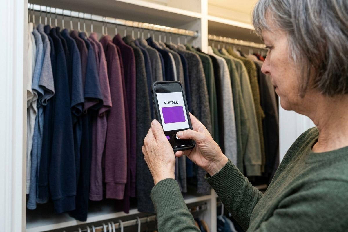 older-adult-pointing-a-phone-at-hanging-clothes-in-a-closet-the-screen-displays- Older adult pointing a phone at hanging clothes in a closet the screen displays
