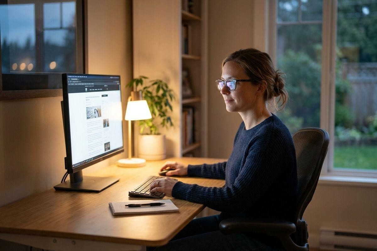 Person in glasses working at a desk with a computer monitor keyboard and lamp in