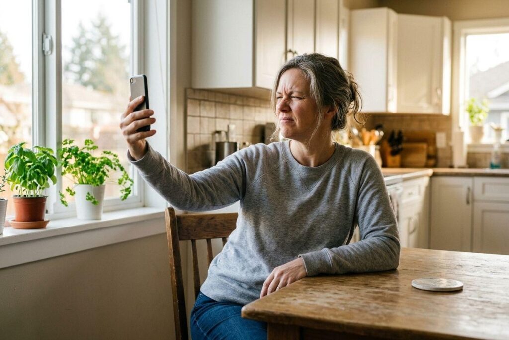 Person squinting at a smartphone held at arm's length while sitting at a kitchen table.