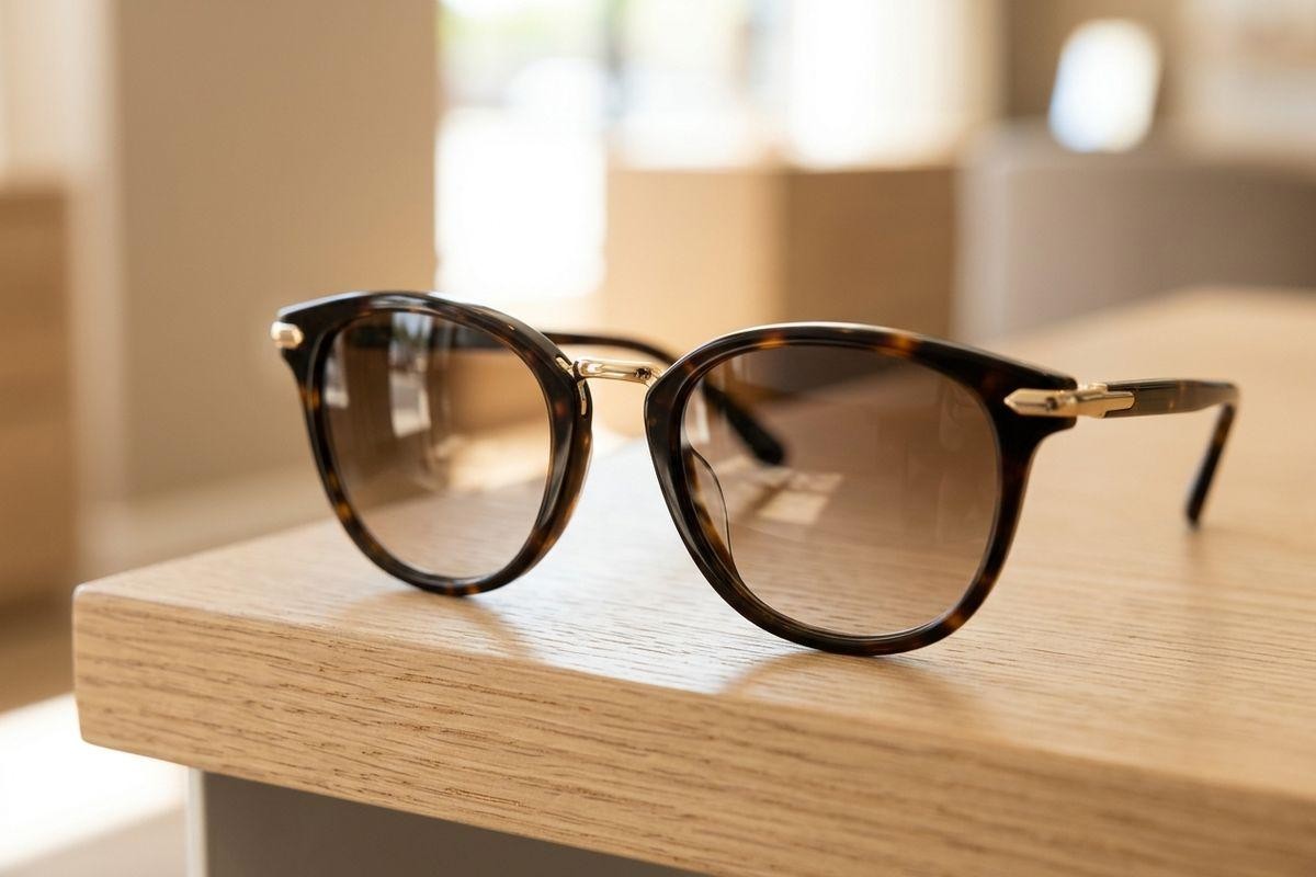 Tortoiseshell eyeglasses with tinted lenses resting on the edge of a wooden table.