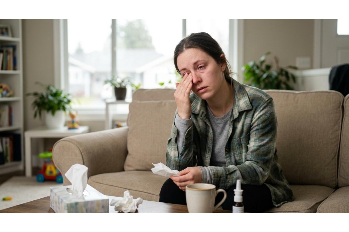 A young woman sits on a beige living room couch, rubbing her irritated and itchy right eye with her finger. She looks tired, holding a tissue in her hand, with a tissue box, used tissues, a mug, and a nasal spray bottle on the coffee table in front of her, illustrating symptoms of eye allergies or strain.