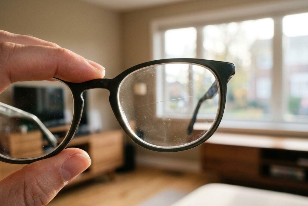 A hand holds up eyeglasses with visibly smudged, scratched lenses toward a bright window in a living room.