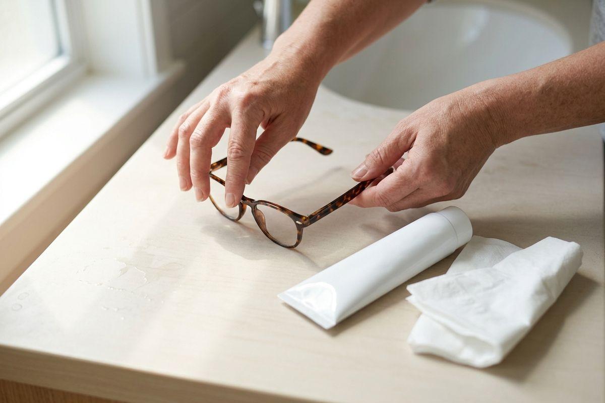 Hands cleaning tortoiseshell eyeglasses on a wet bathroom counter beside a white tube and folded cloth.