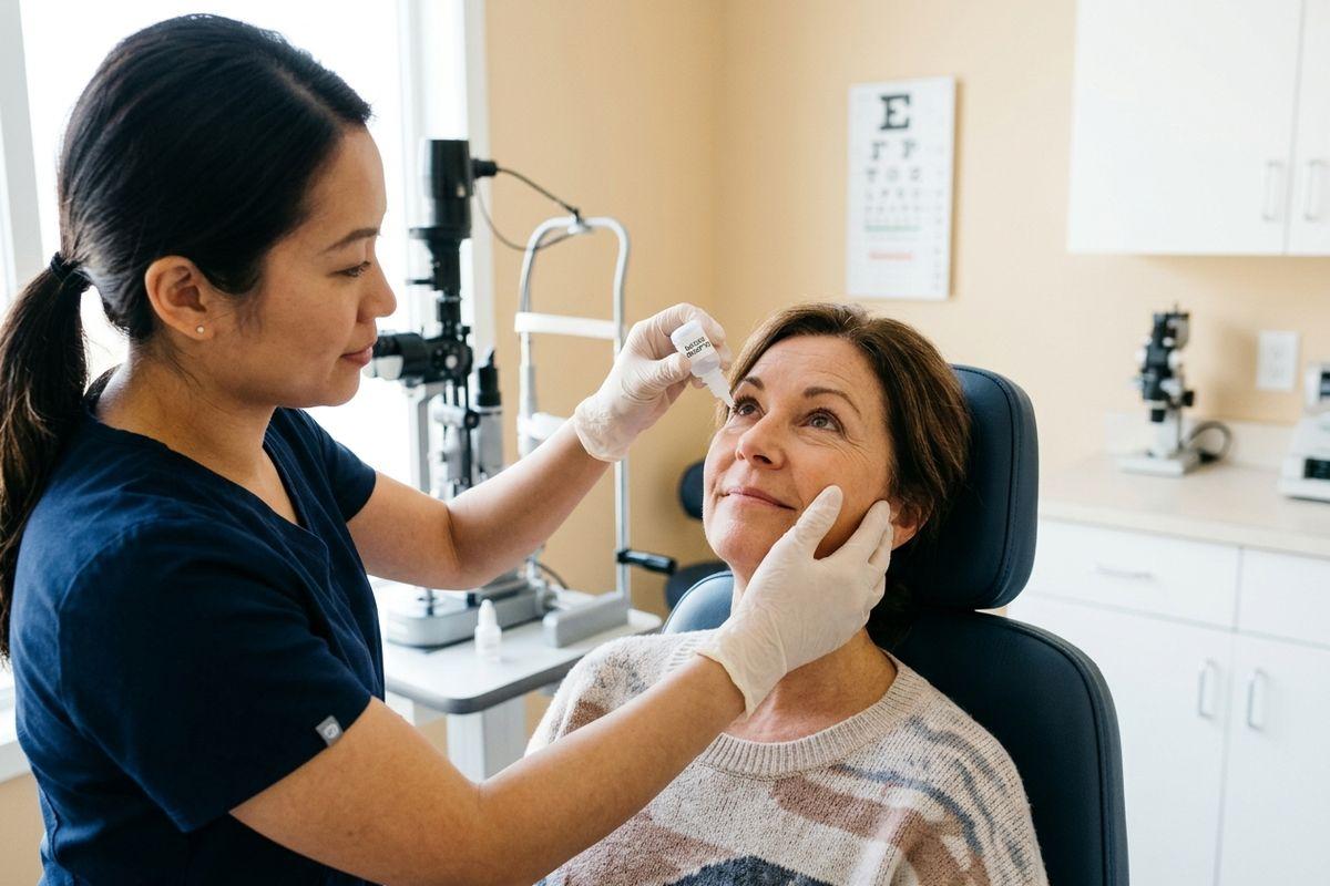 Optometrist applies eye drops to a seated patient in an exam room, with an eye chart on the wall behind.