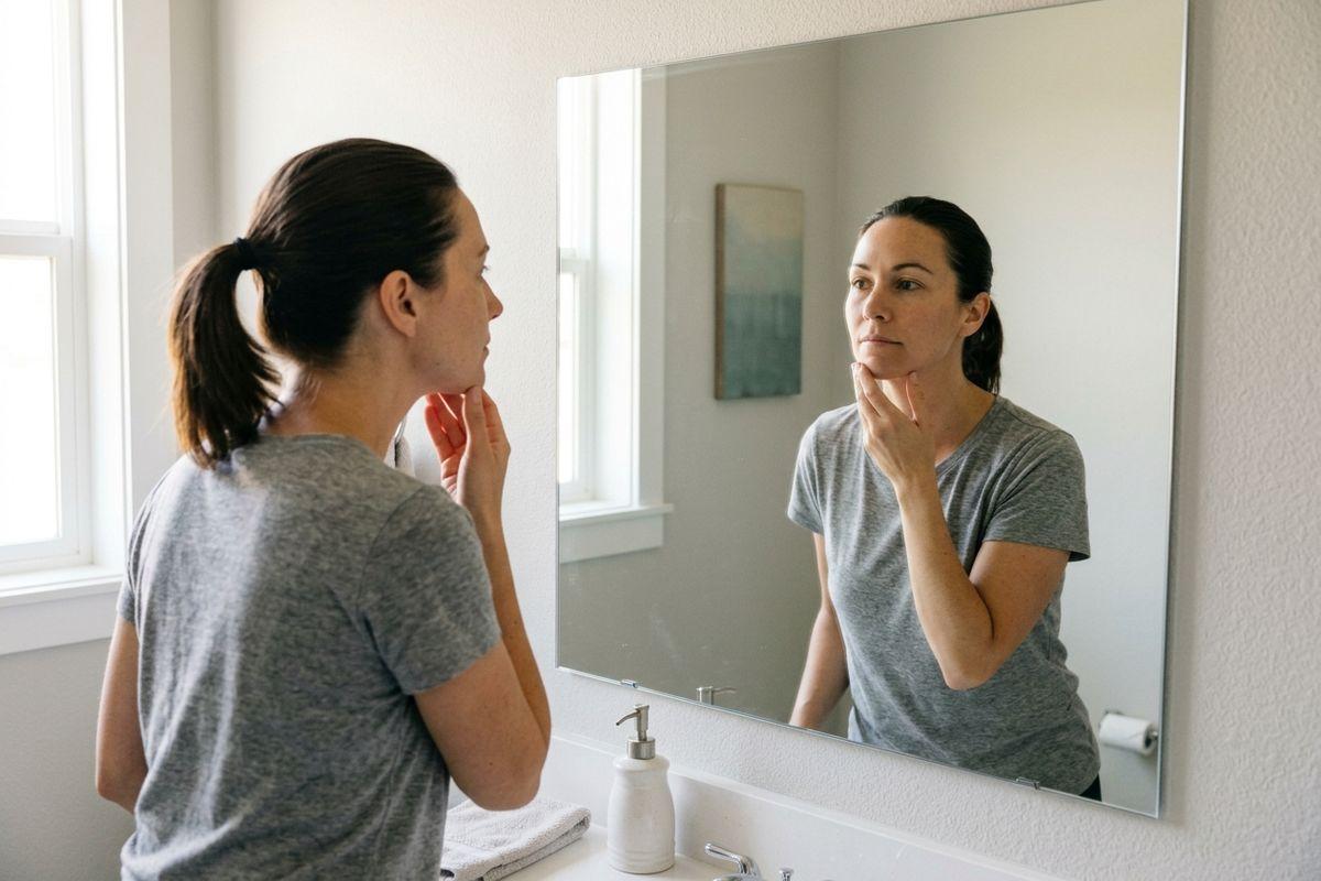 Person in gray T-shirt examining their face in a bathroom mirror, touching their chin.